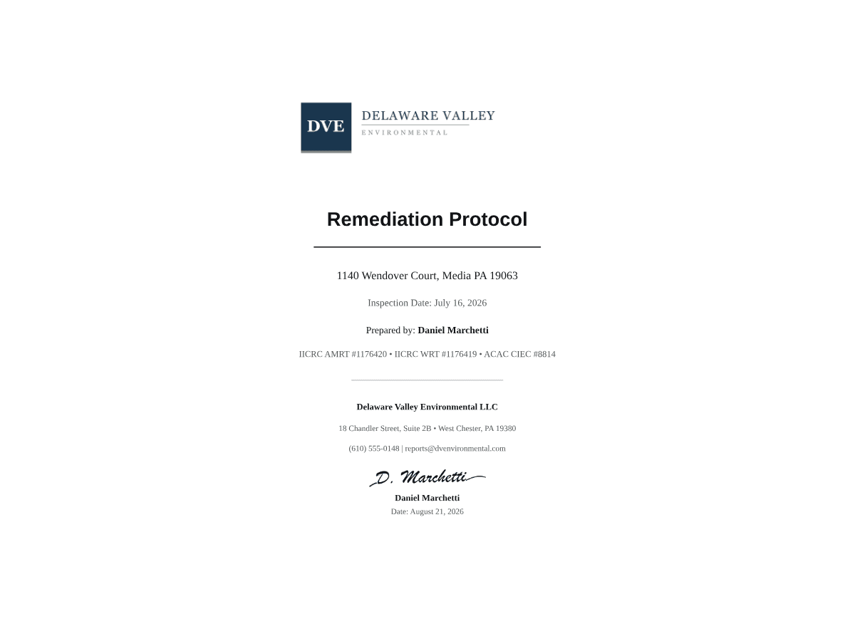 First page of the MoldMind remediation protocol — containment scope, materials list, clearance criteria.